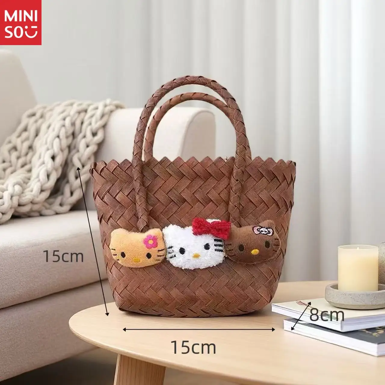 Miniso Hello Kitty Retro Woven Handbag, Fake Rattan Basket Purse for Beach Gift & Daily Use