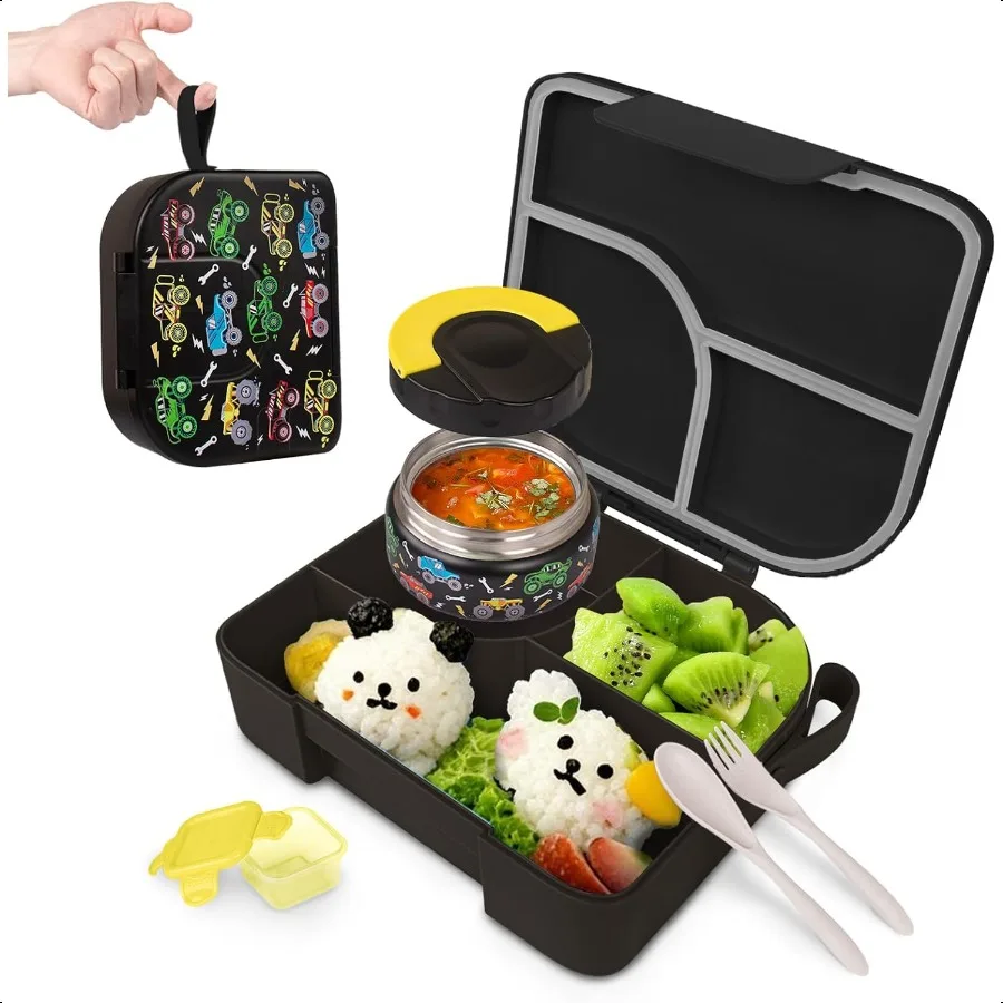

TinyPalsa Bento Box for 3 Compartment Lunch Box with 10oz Leak Proof Food Jar EasyOpen Latch Dishwasher Safe Ideal for School
