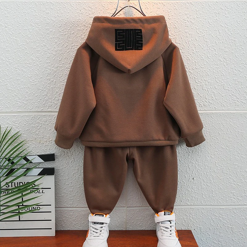 Fleece Winter Clothing Sets Baby Boy Children Pullover Sweatshirts + Simple Solid Cotton Sports Pants 2pc Kids Clothes Boy Suit