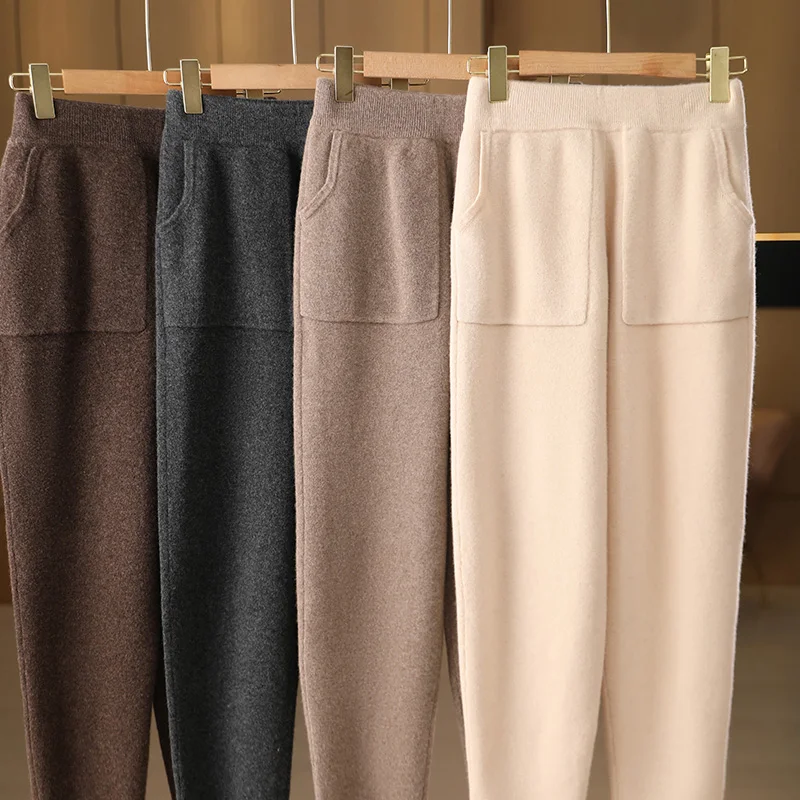 High Quality Women Pure Wool Double Pocket Pencil Pants 100% Merino Wool Knitting Pants Spring Autumn Winter Fashion Trousers