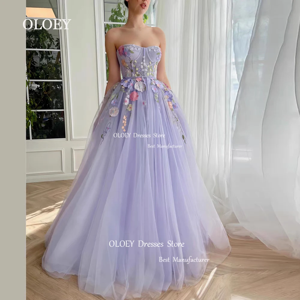 

OLOEY Light Purple Embroidery Floral Prom Dresses Wedding Photoshott Soft Tulle Floor Length A Line Bridesmaid Dress Sweetheart