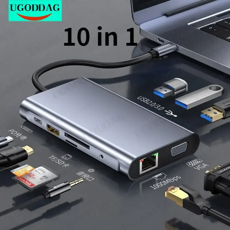 10 in 1 Type C to VGA +RJ45 Gigabit Ethernet 4K HDMI-compatible PD SD TF 3.5mm Audio 1080P For Macbook Pro S8 S9 P20 P30 USB Hub