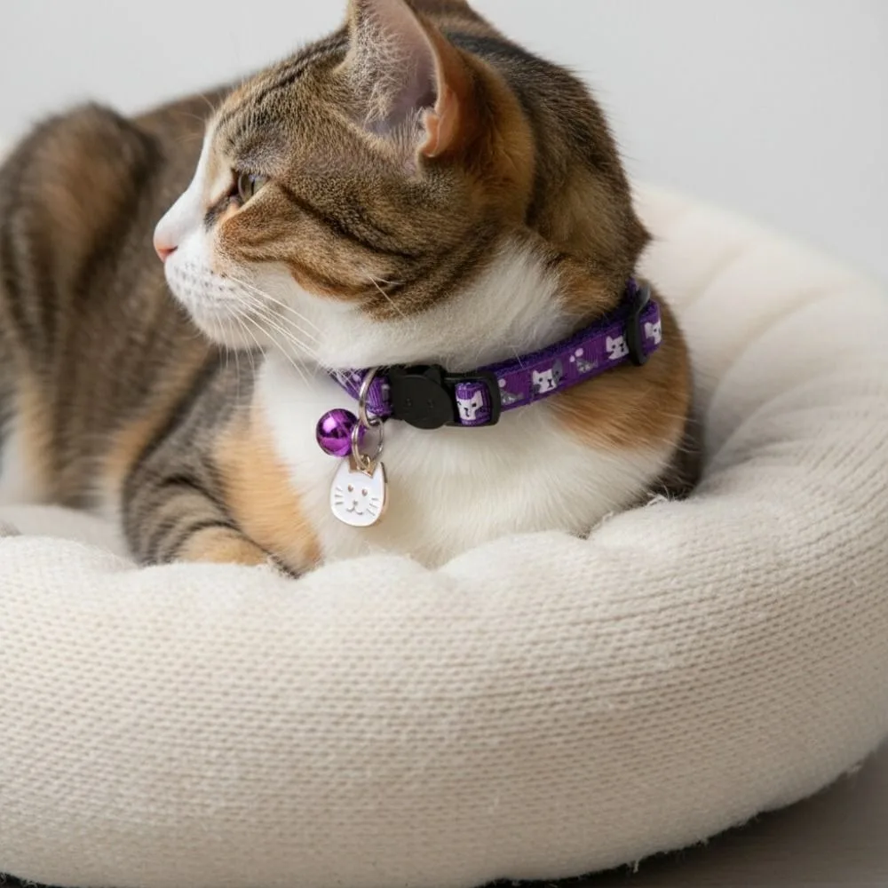 Adjustable Pet Cat Collar Quick Release Safety Buckle Anti-choking Puppy Collar Cat Pattern with Cat Face Pendant Bell