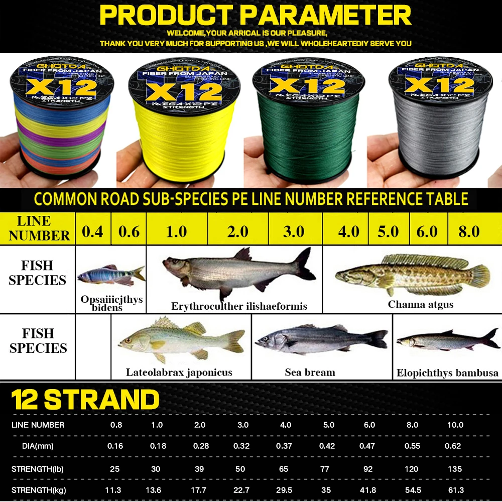 GHOTDA X12 splotki pleciona linka wędkarska 300/500/1000M słonowodne 25-120LB Multifilament PE przewód wędkarski wytrzymałość 0.16-0.55mm