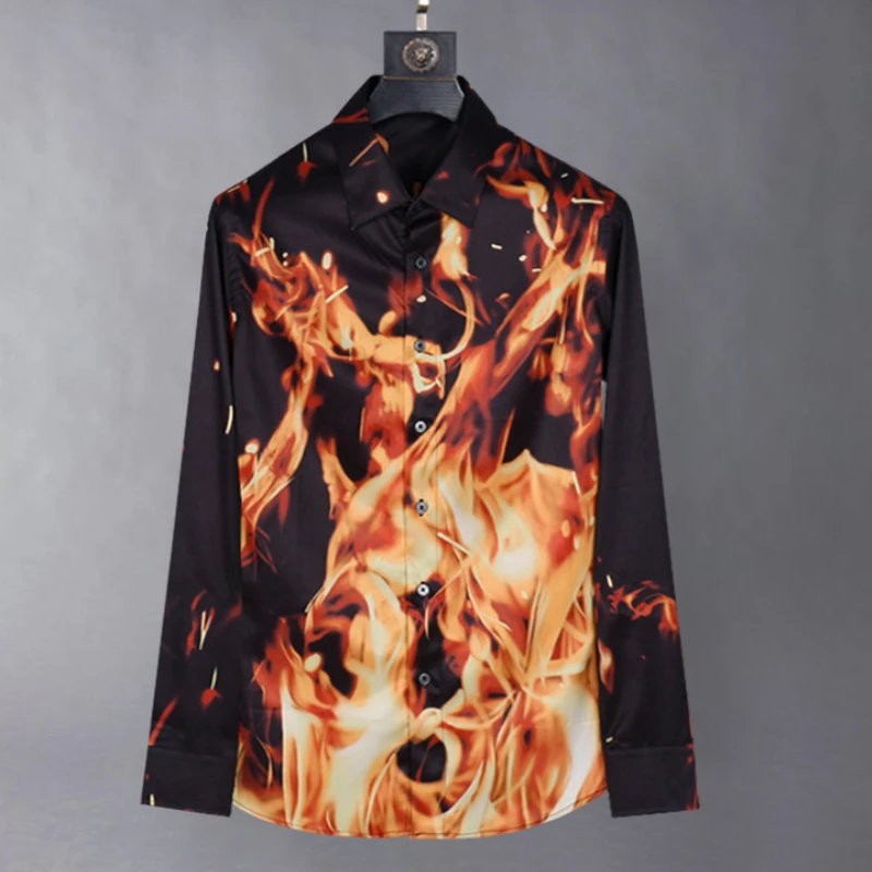 Luxury Silk Flame Printed Shirt Men Long Sleeve Business Casual Shirt Social Banquet Nightclub Shirts Streetwear Men Clothing