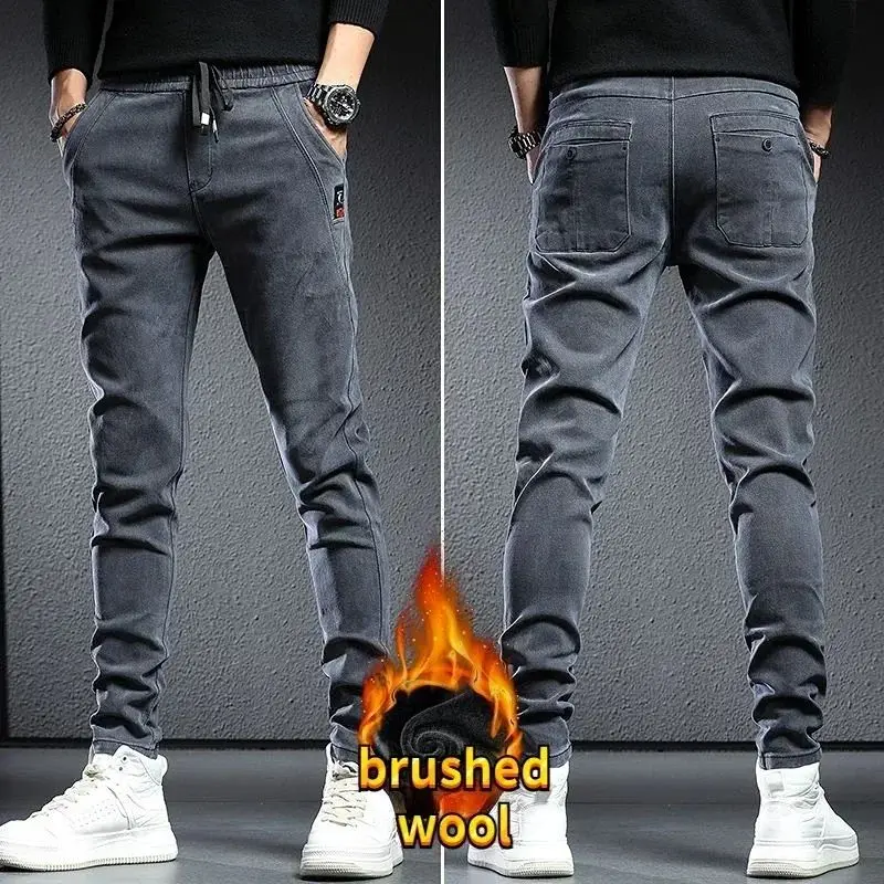 

Autumn Winter Men's Baggy Jeans Brued Thiened Wool Plu Cow Five-Quarter Length Casual Comfortable Denim Trousers