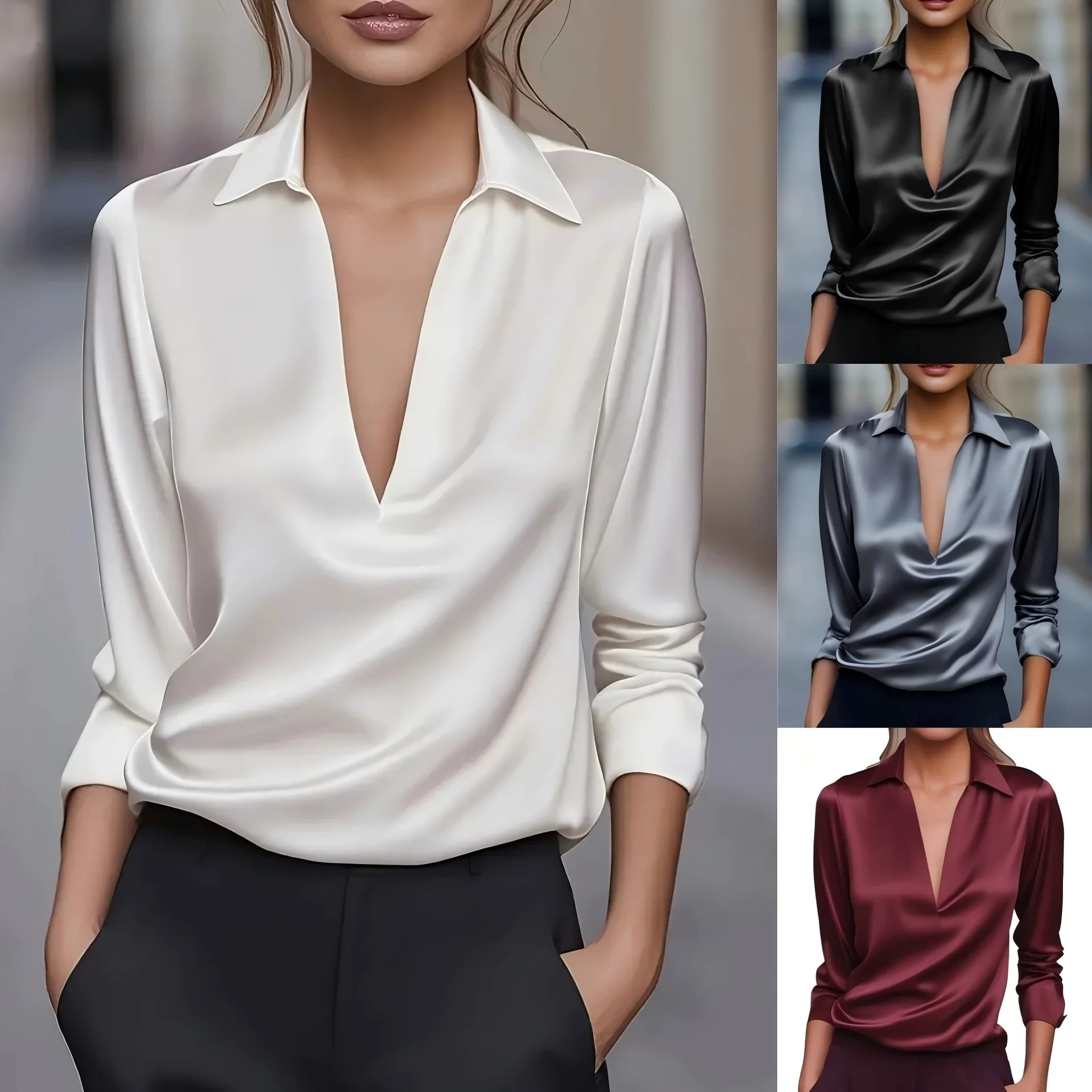 

Y2K autumn fashion temperament solid color simple V-neck shirt women's elegant long-sleeved comfortable loose versatile top