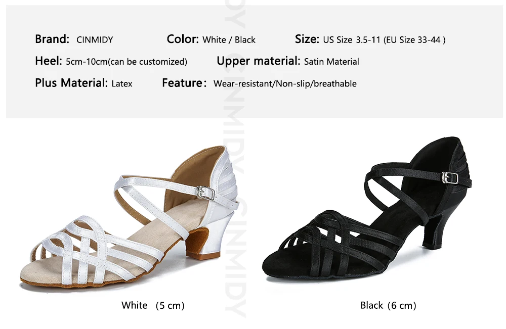 CINMIDY Damen-Satin-Tanzschuhe, weiße Latein-Tanzschuhe, Tango-, Salsa- und Ballsaal-Tanzschuhe mit Absatz, Damenschuhe für Partys. – Detail 4