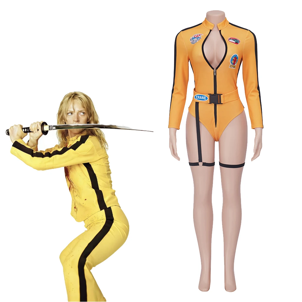 Kill bill a noiva beatrix kiddo cosplay traje sexy bodysuit feminino amarelo kung fu macacão trajes de festa de halloween