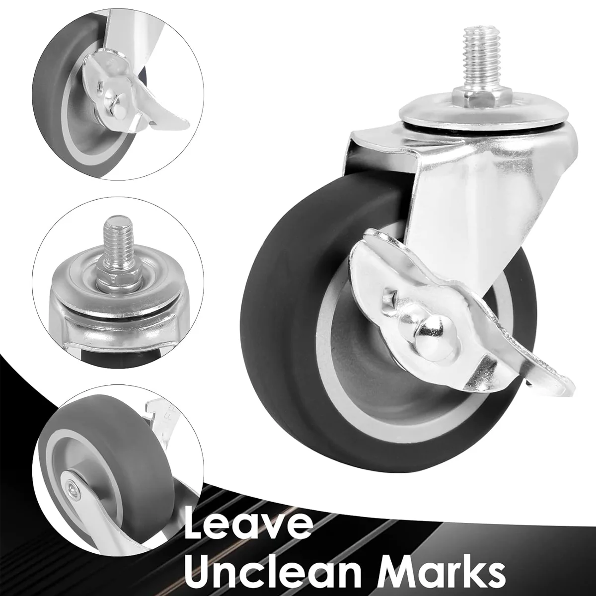 3 Inch Stem Casters Set of 4, Heavy Duty Swivel Wheel with Brake, Metric Size M10-1.5-15 Casters for Workbench Trolley