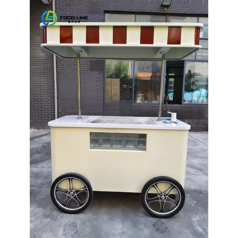 Customized Cream Retro Ice Cream Cart 4-Wheel Stainless Steel Dessert Hand Push Cart with Striped Awning for Snack Vending