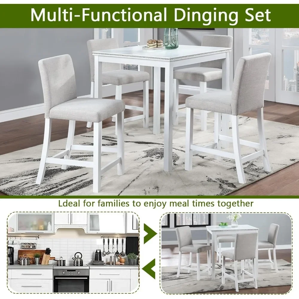 Modern 5 Piece Counter Height Table Set, Wooden Square Kitchen Tables With Crystal Decoration|