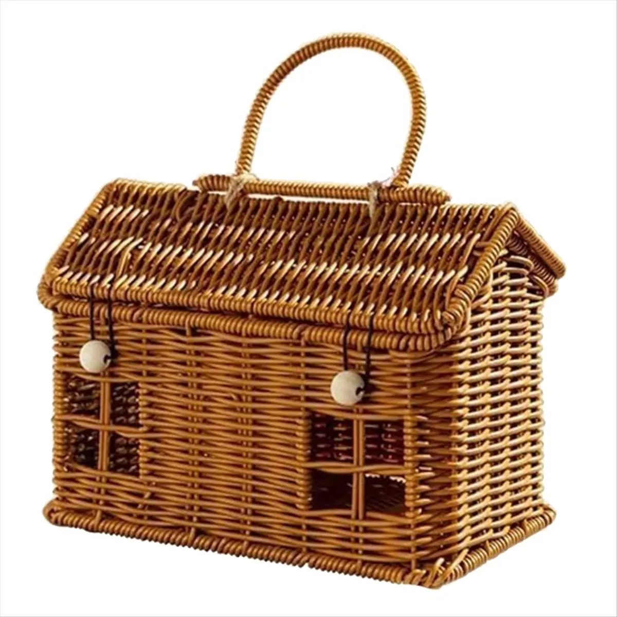 HITL Imitation Rattan House Shaped Basket with Lid, Decorative Hand Woven Shelf Organizer with Folding Handle