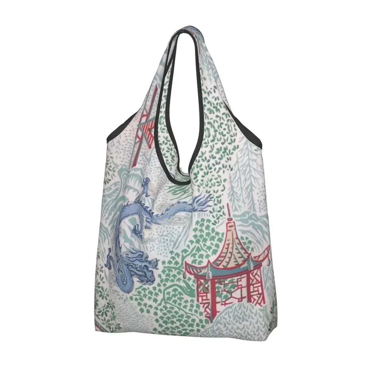 Синий дракон, восточная сумка-тоут для продуктов, сумки для покупок, забавная сумка-шоппер в стиле шинуазри, ива, пагода, сумка на плечо, сумка