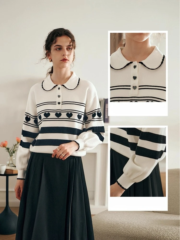 OLrain レディース ストライプ セーター 2025 秋の新作 ターンダウンカラー 長袖 ジャンパー カジュアル ルーズフィット プルオーバー O23DM69099