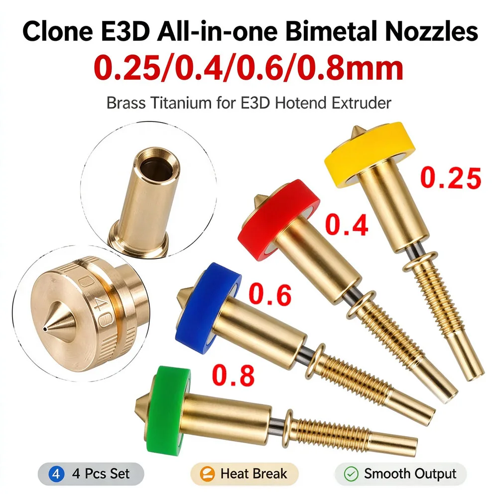 4pcs Clone E3D Nozzle All-in-one Bimetal Nozzles 0.25/0.4/0.6/0.8mm Heatbreak Brass Titanium For E3D Hotend Extruder