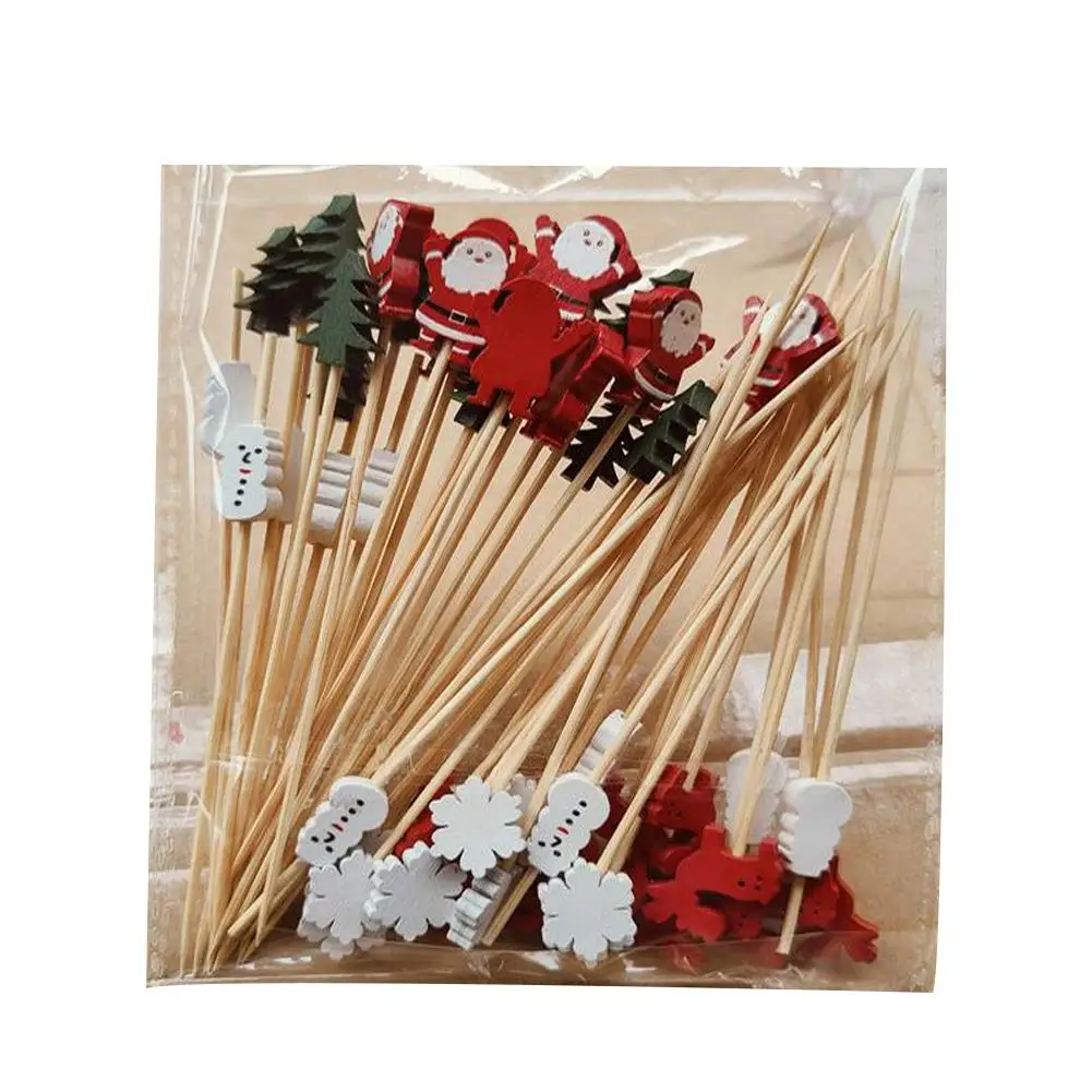

50Pcs Hristmas Trees Snowmen Reindeer Disposable Bamboo Picks Reusable Christmas Fruit Sticks Cherries Small Cakes Dessert Fork