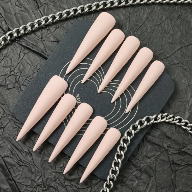 

10 Pieces of Hand-made Press-on False Nails Pink Extra-long Teardrop-shaped Nail Art Set Full Coverage Detachable and Reusable