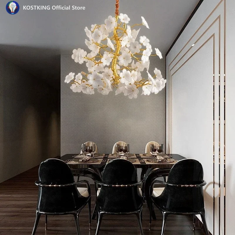 Luxury Flower Petal Ceiling Pendant Lamp Living Room Vila Tree Branch Bloom Chandelier for Bedroom Lustre Gold Light Fixture