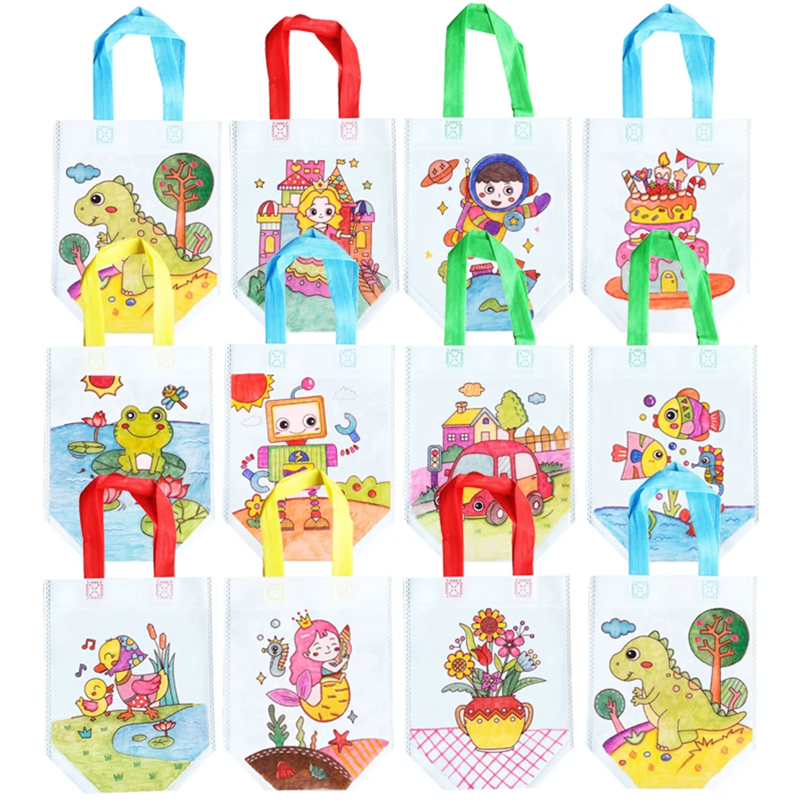 20Pcs DIY Coloring Bags with Markers Carnival Art Party Goodie Bags for Kids Eco Mini Non-Woven Fabric Shopping Storage Bags