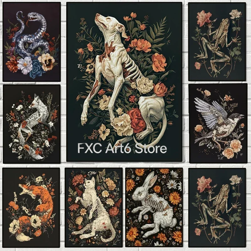 1PC frameless Horrible Floral Skeleton Animal Poster Gothic Bat Owl Rabbit Fox Canvas Painting Occult Wall Art Dark Academia Roo
