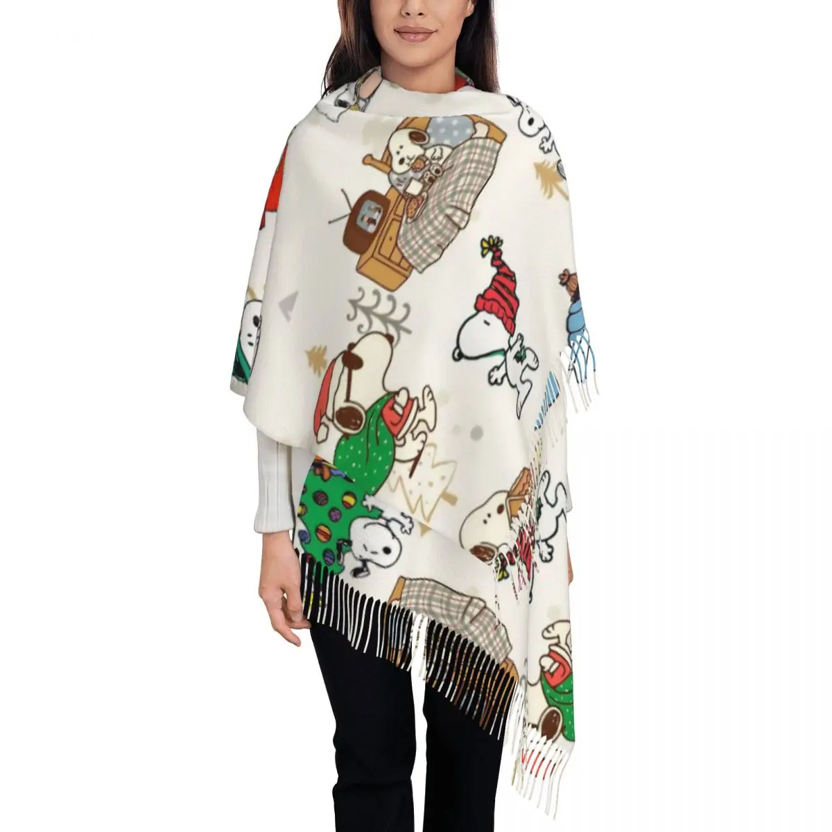 Womens Scarf with Tassel Cartoon Snoopys Christmas Time Long Winter Fall Shawl Wrap Gifts Cashmere Scarf