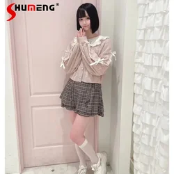 2023 Autumn And Winter Love Woven Cute Heart Buckle Ribbon Cardigan Four Colors Optional Kawaii Clothes Jumpers Women's Clothing