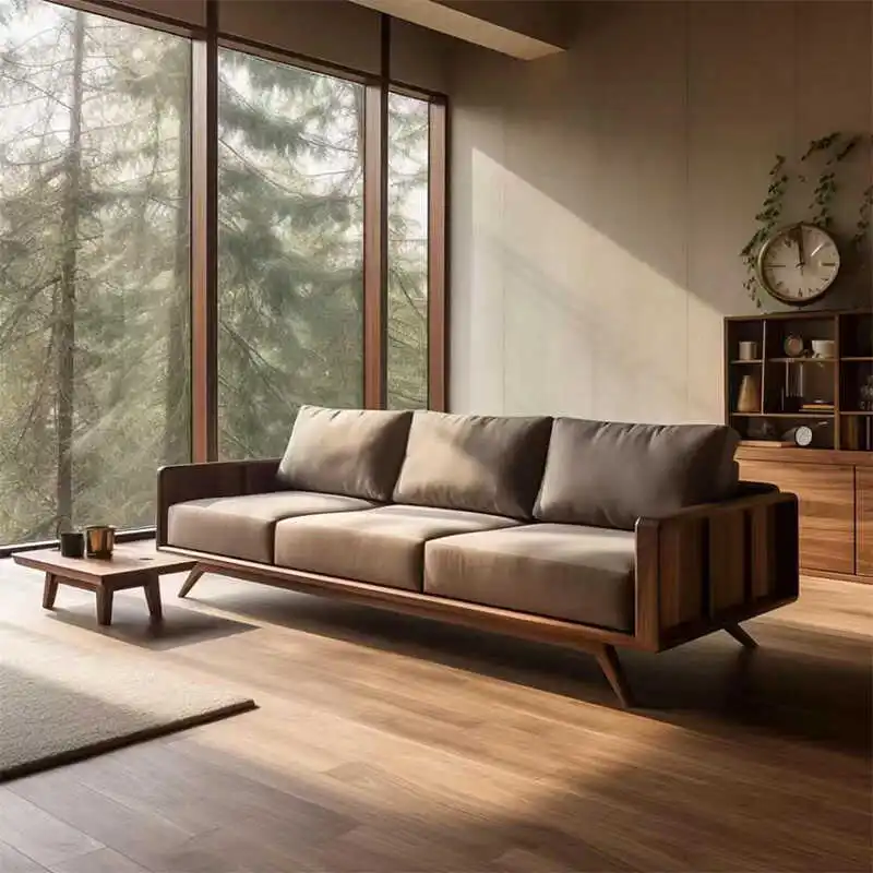 New Chinese-style walnut solid wood sofa, straight row three or four people, advanced modern large and small apartment household