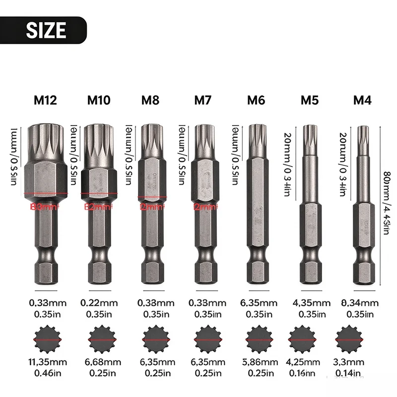 7pcs 50mm 12 Point Torx Screwdriver Bit Alloy Steel Magnetic Screwdriver 1/4'' Hex Shank Impact Socket Bit