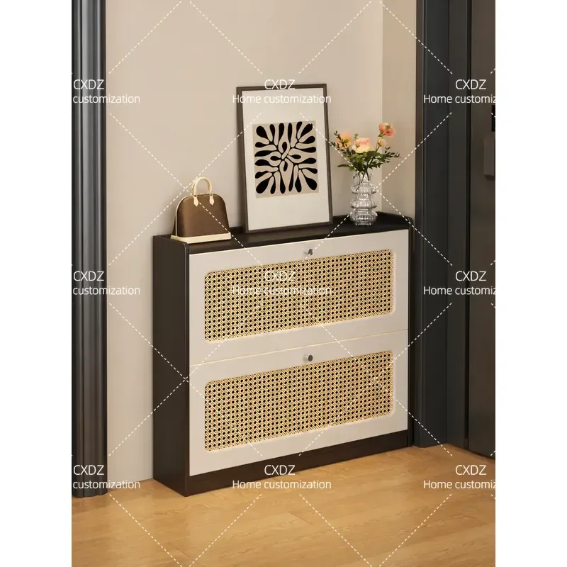 Ultra Thin Shoe Cabinet Cream Style Rattan Entryway Tipping Bucket Storage Small Apartment Narrow Household Door Organizer