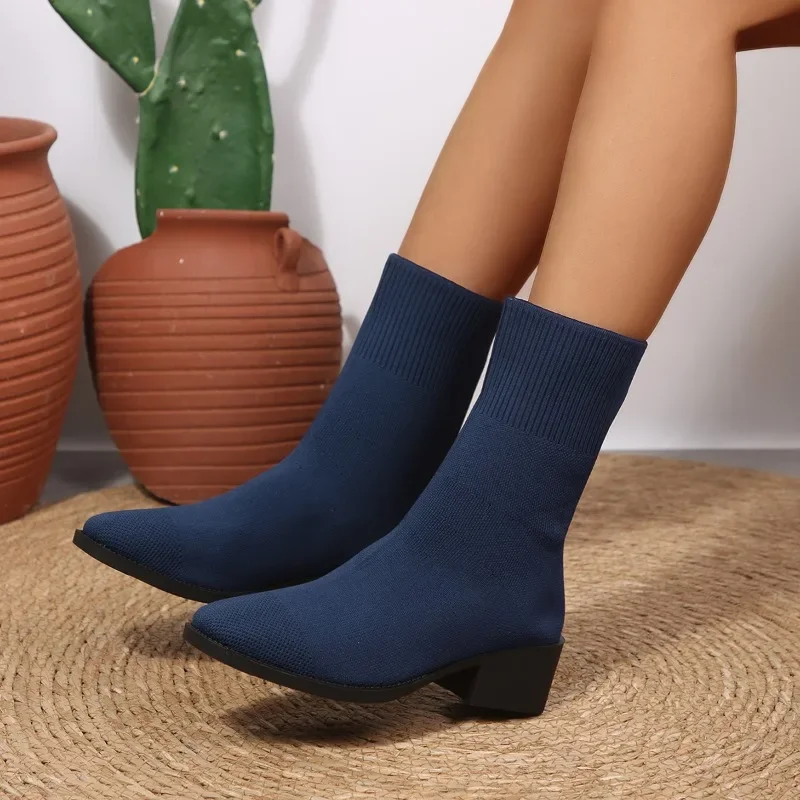 2026 Neue Einfarbige Damen-Strickstiefel bis zur Wadenmitte, Modische Stiefel mit Quadratischem Absatz, Elastische Stiefel für Herbst, Outdoor, Slip-on, Partyschuhe, Größe 43 – Detail 7