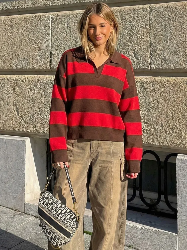 HH Women Casual Striped Sweater Knit Tops Polo Neck Loose Long Sleeve Sweater Pullover Spring Y2K Vintage Fashion Streetwear
