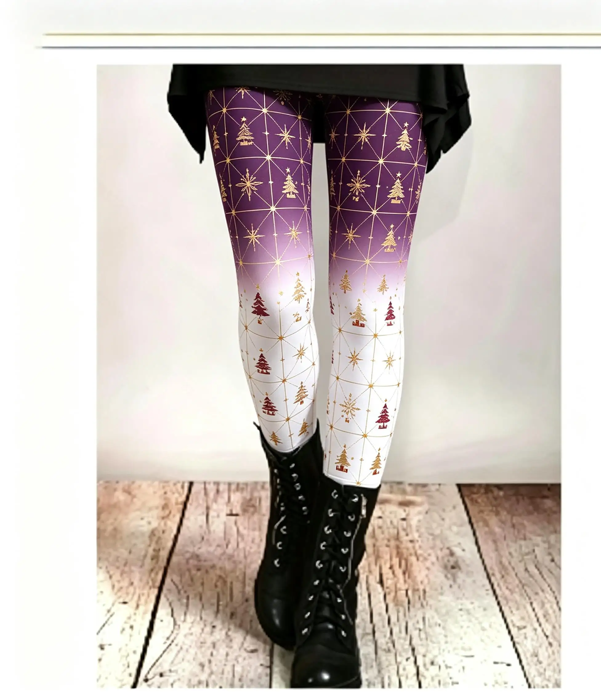Women Fleece‑Lined Mid‑Rise Leggings Gradient Reindeer Snowflake Print Slim Fit Stretch Warm Winter Casual Pants