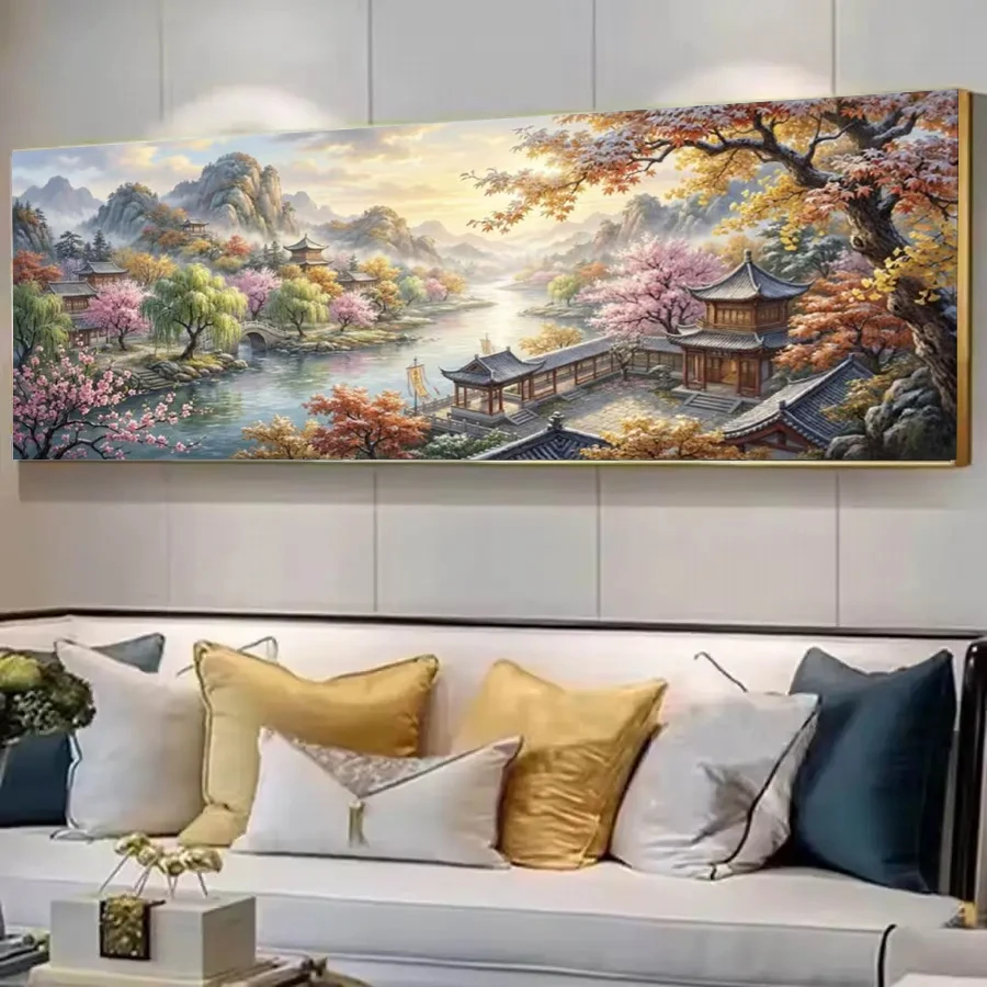 Large Size Diamond Art Kits for Sunrise Foggy Mountain Pavilion Bridge,Full Round Square DIY 5D Diamond Painting Kit,Home Decor