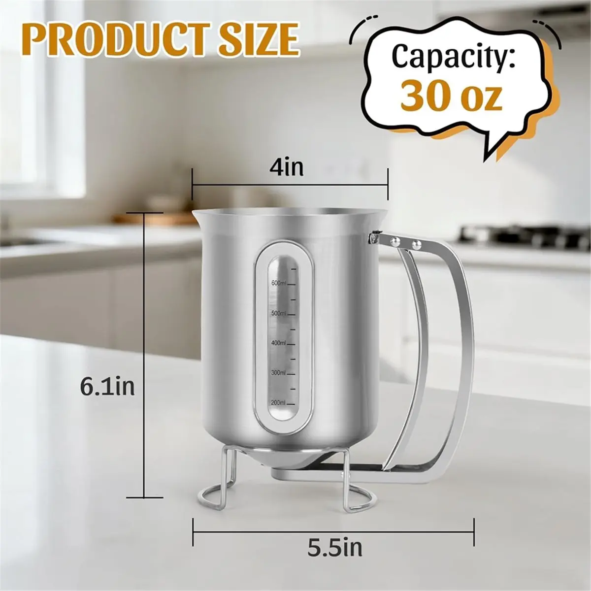 30OZ Pancake Batter Dispenser with Viewing Window Stainless Steel Batter Dispenser for Baking Cupcakes,Muffins,Cooking