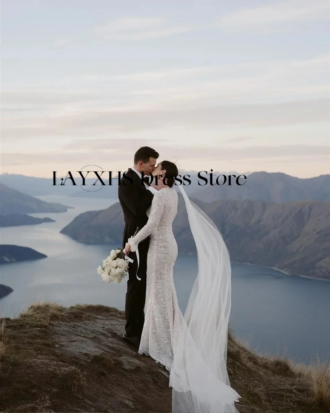 Apliques de encaje de lujo, vestidos de novia de color marfil para mujer, vestido de novia de manga larga con sirena para sesión de fotos con tren, bata de novia 2026
