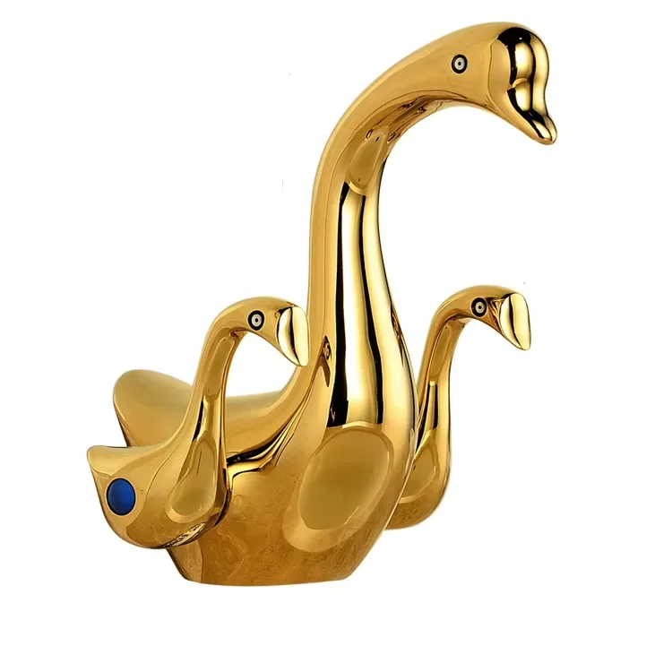 Golden Swan-shaped Double Handle Brass Basin Faucet with Ceramic Spool Single Hole Installation for Hotels