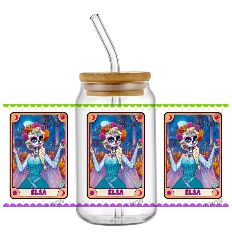 

Day of the Dead Princess Series Theme 16oz Libbey Glass UV DTF Cup Wrap Washable DIY Mug Sticker Festival decorations
