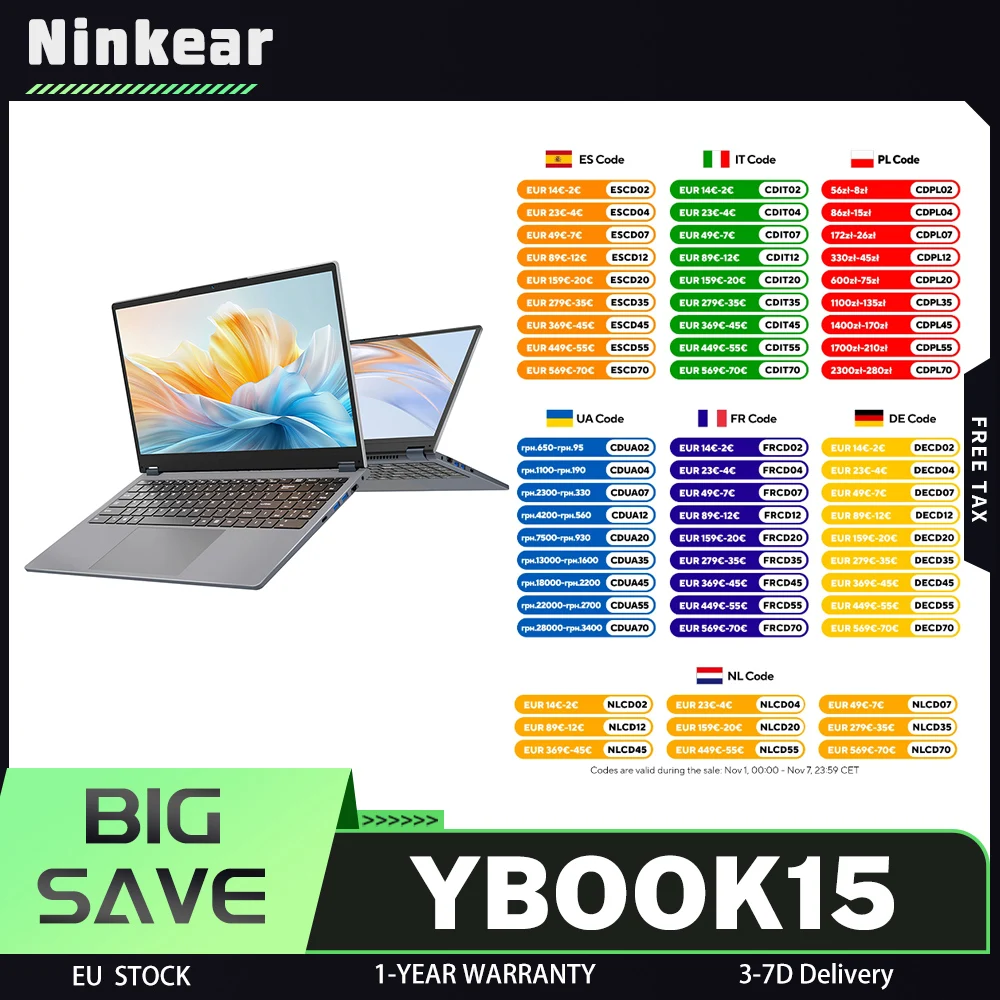Ninkear YBOOK15 2-in-1 laptop, 360 graden draaibaar °   Flip 15,6-inch 1920*1080 touchscreen, AMD Ryzen 3 3200U 2 cores max. 3,5 GHz, 16 GB RAM 512 GB