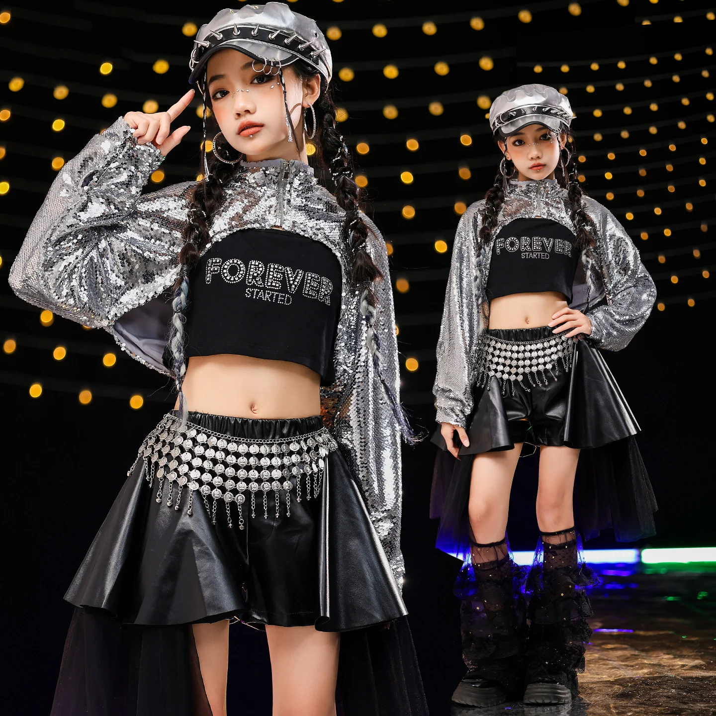 

2025 Children Ballroom Hip Hop Dance Performance Stage Costumes For Girls Sequined Crop Tops Black Skirts Suit Jazz Rave Clothes