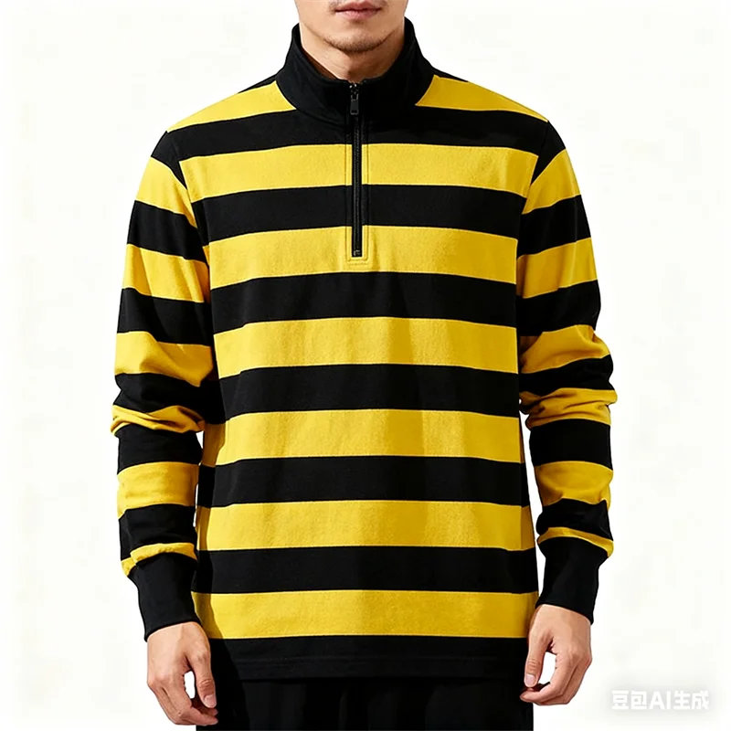 

Stripe Printed Men's Half Zip Sweatshirt Autumn Street Vintage Long Sleeve Clothes Fashion Stand Collar Loose Breathable Men Top