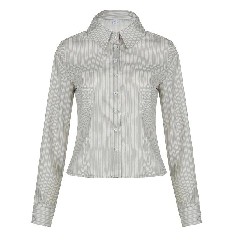 BIIKPIIK Grey Stripe Casual Women Blouse Concise Polo-neck Single Breasted Shirt All-match Basic Slim Fit Underlay Top Commuting