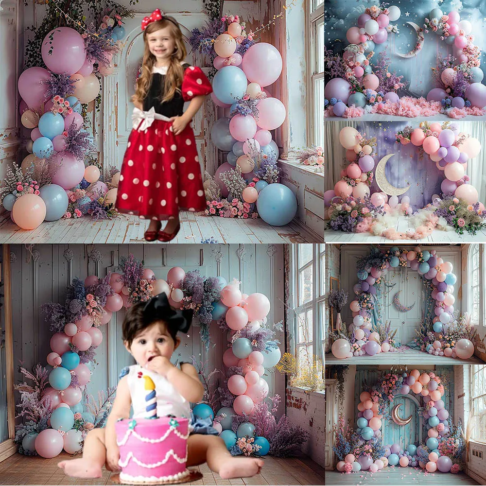 Mocsicka Cake Smash Backdrops Lilac Moon Balloons Arch Girl Birthday Party Decor Portrait Photography Background Photo Studio