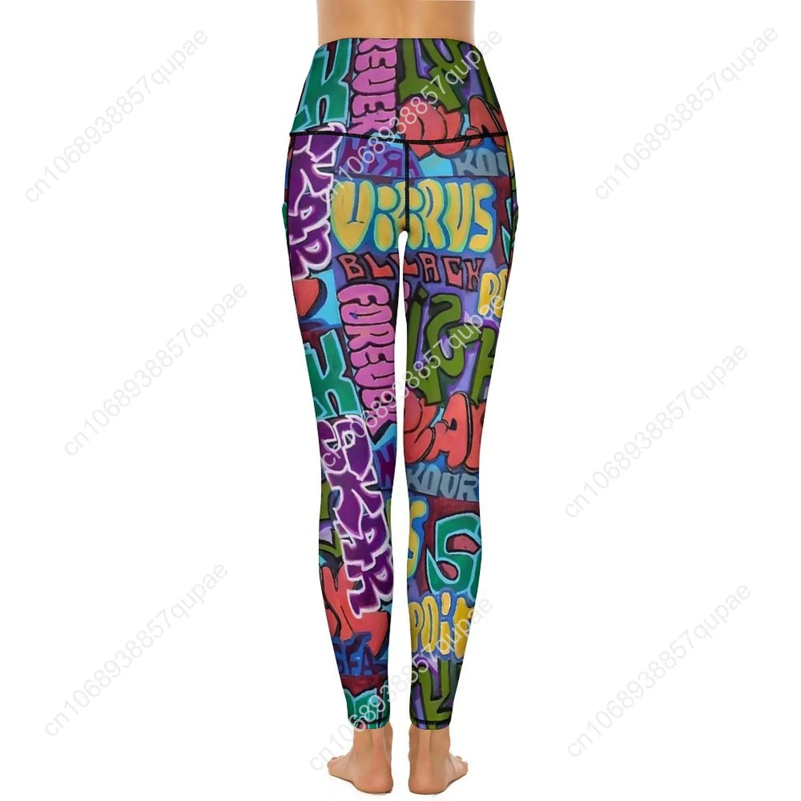 Graffiti Leggings Sexy Letter Print Running Yoga Pants Push Up Stretchy Sports Tights With Pockets Kawaii Graphic Leggins