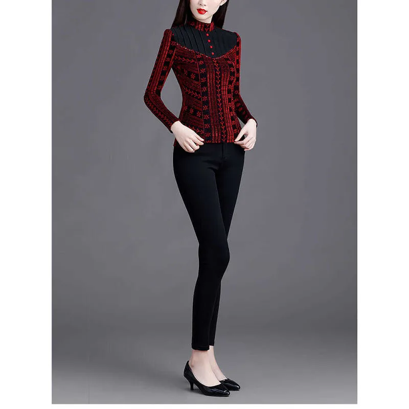 2023 New Autumn and Winter Fashion Comfortable High Neck Mesh Fashionable Long Sleeve Temperament Jacquard Women\'s Slim Fit Top