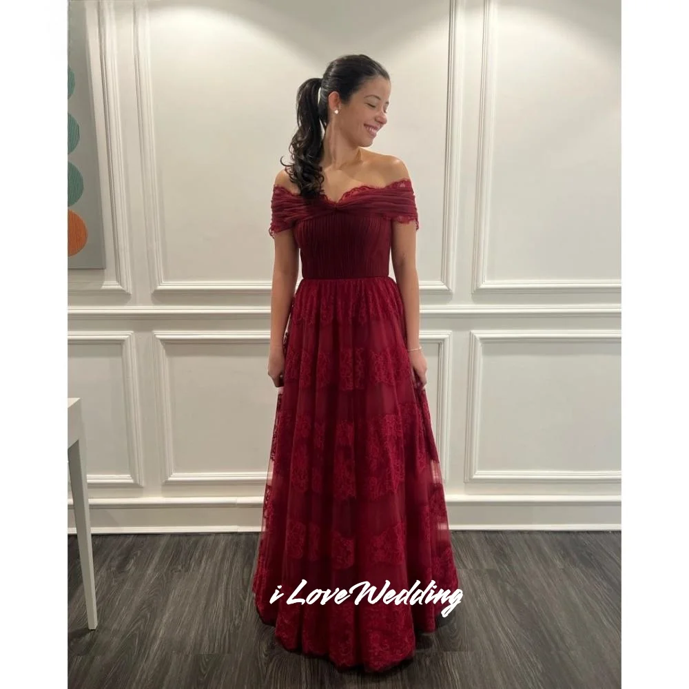 Vestidos de fiesta rojos con hombros descubiertos, vestidos de noche hasta el suelo plisados con encaje sin espalda, vestidos de fiesta de boda personalizados, 2025