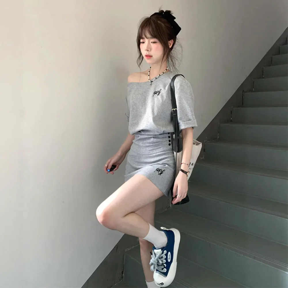 

2Pcs Casual Gray Outfit Short Sleeve Off Shoulder T-Shirt Solid Color Bodycon Skirt Elegant Fashion Outfits Women Sexy Clothes