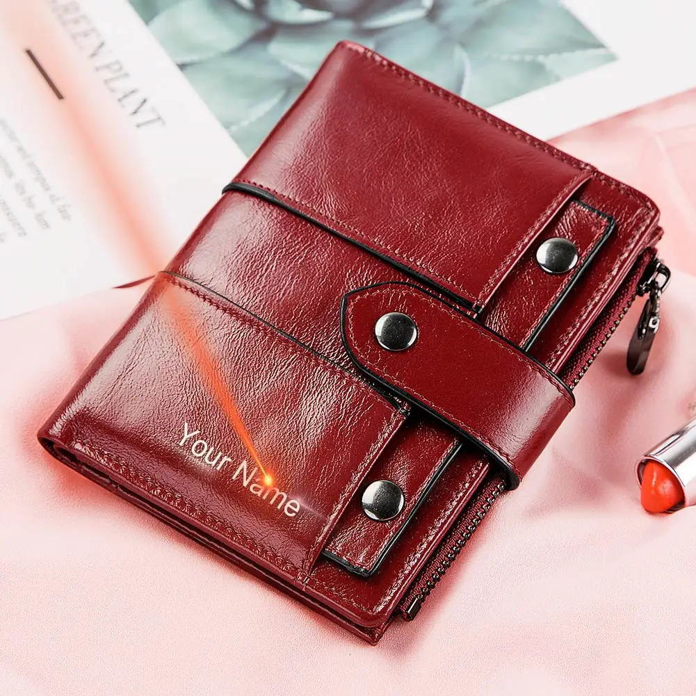 Brand Women Wallets Short Rivet RFID Blocking Fashion Card Holder with ID Window Short Female Zipper Coin Pocket Money Bags