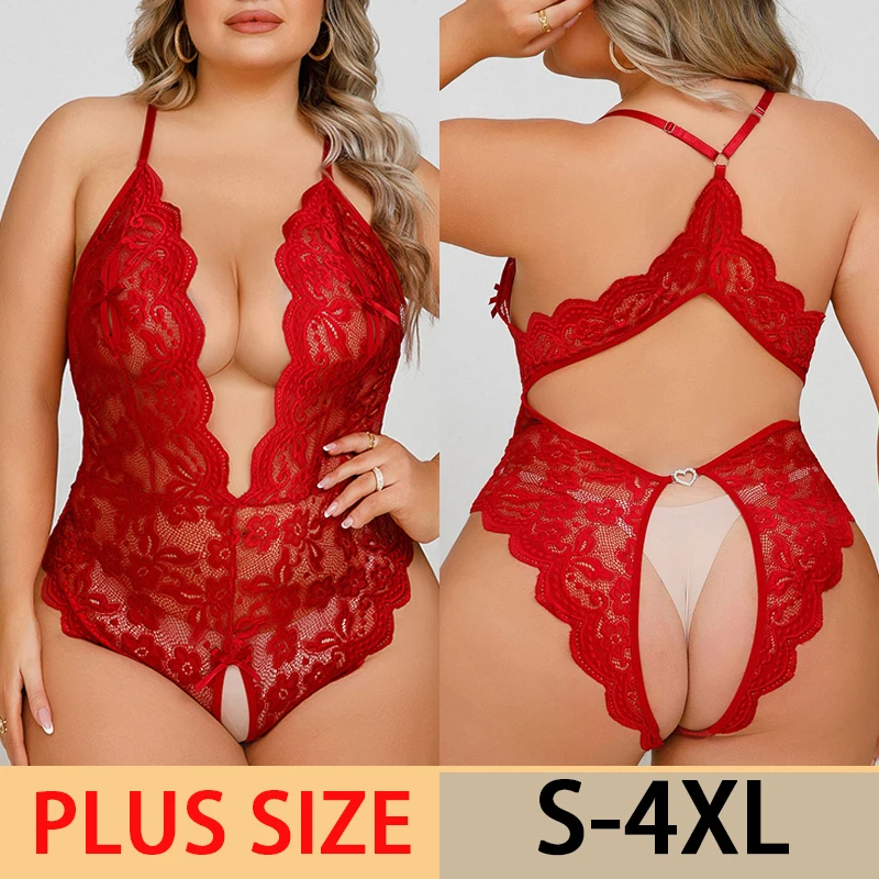 Plus Size Sexy Crotchless Lingerie Women Lace Hollow Bodysuit Erotic Pajamas Teddy Babydoll Dress Deep V Open Bra Underwear Set