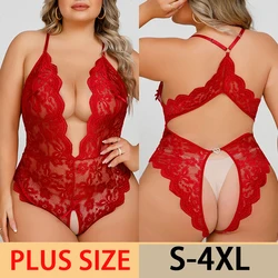 Lingerie sexy crotchless feminina, macacão oco de renda, pijama erótico, ursinho, vestido de babydoll, V profundo, sutiã aberto, conjunto de roupas íntimas, tamanho grande